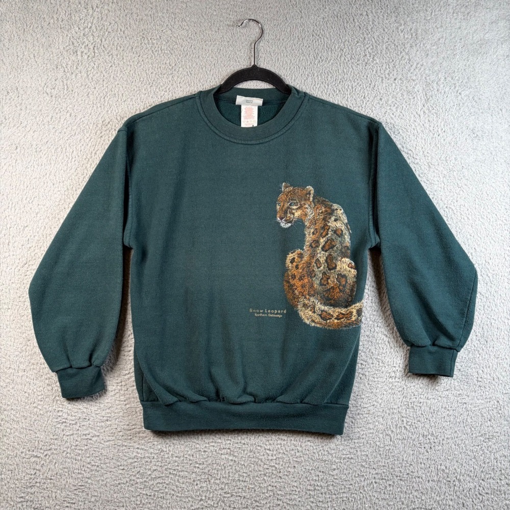 Vtg Northern Getaway Snow Leopard Graphic Sweatshirt Green Large Canada Nature